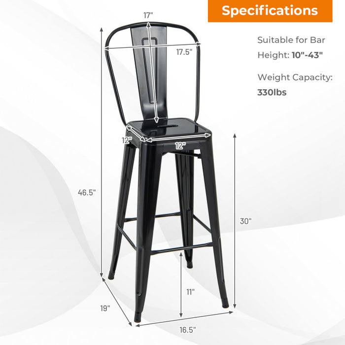 30 Inch Set of 4 Modern Metal Industrial Bar Stools with Removable High Back