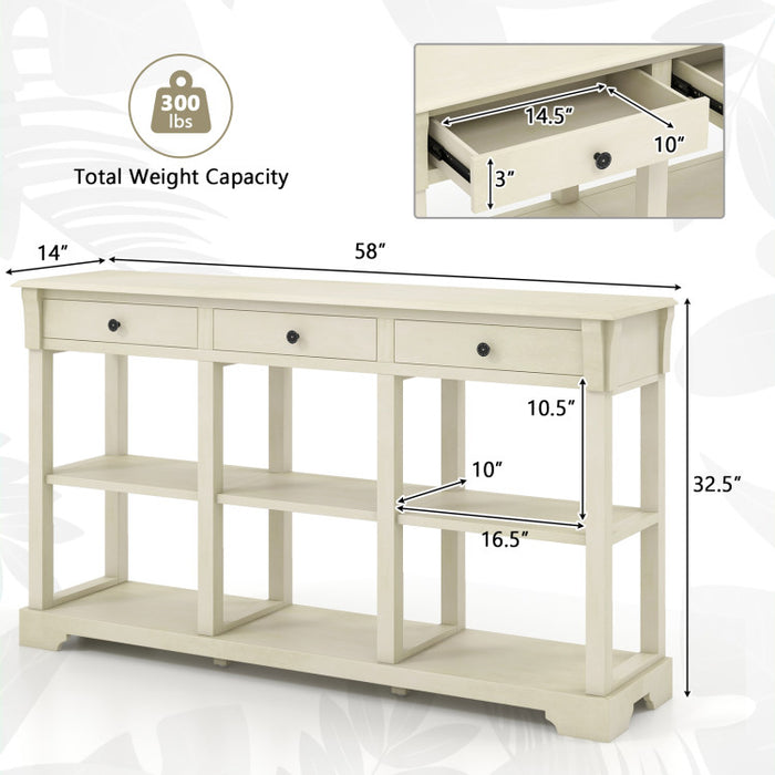 58 Inch Retro Console Table with 3 Drawers and Open Shelves Rectangular Entryway Table