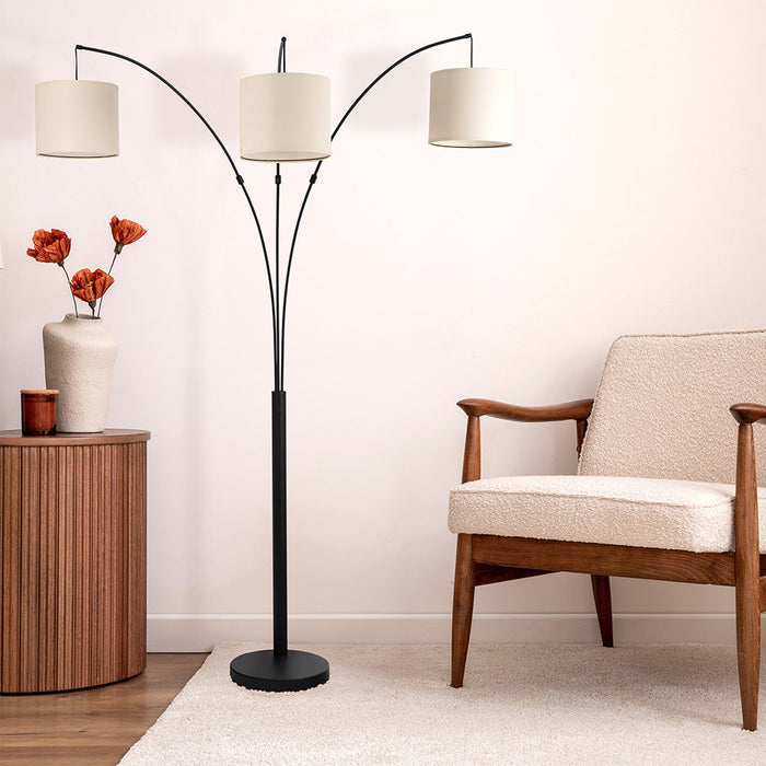 Royal 3-Arm Metal Arc Floor Lamp, Oil Rubbed Bonze with Linen Shade, 4 way Rotary Switch