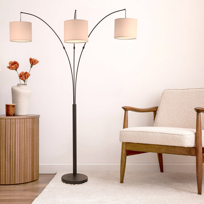 Royal 3-Arm Metal Arc Floor Lamp, Oil Rubbed Bonze with Linen Shade, 4 way Rotary Switch