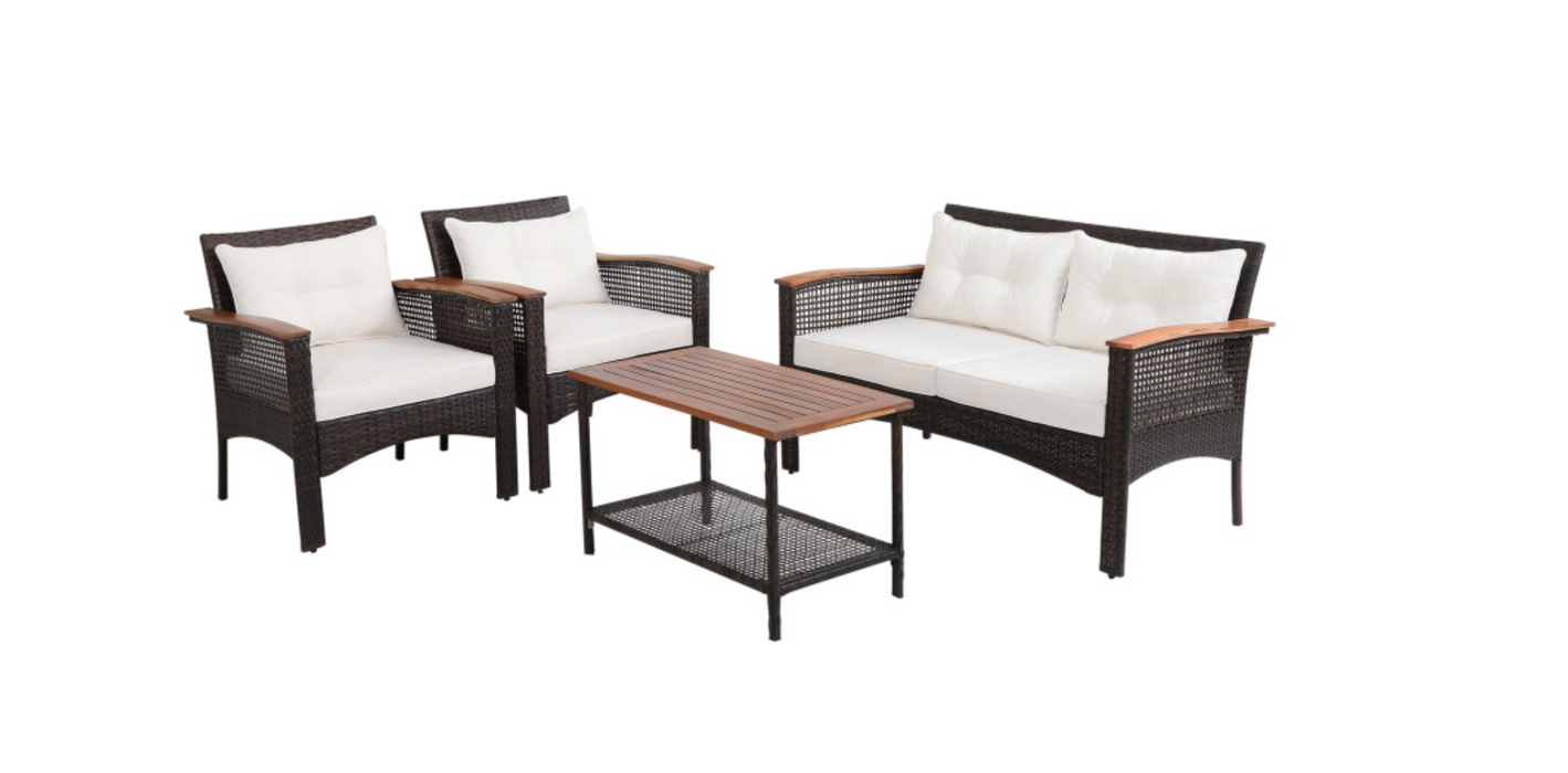 4 Pieces Patio Rattan Acacia Wood Furniture Set with Cushions and Armrest