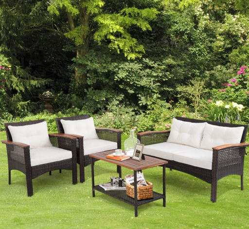 4 Pieces Patio Rattan Acacia Wood Furniture Set with Cushions and Armrest