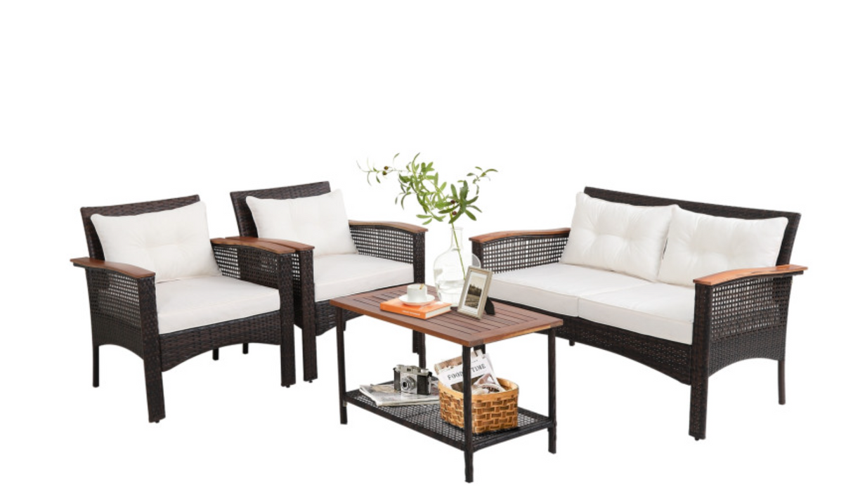 4 Pieces Patio Rattan Acacia Wood Furniture Set with Cushions and Armrest