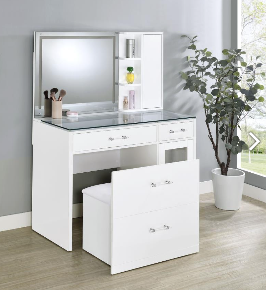 Flora 2-drawer Vanity Set with LED Mirror White High Gloss