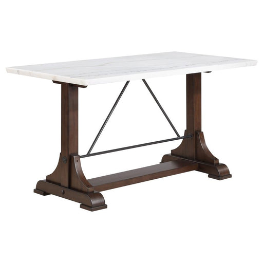 Aldrich Counter Height Trestle Base Dining Table with Genuine White Marble Top Dark Brown