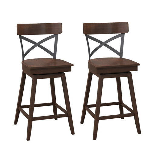 Set of 2 Wooden Swivel Bar Stools with Open X Back and Footrest