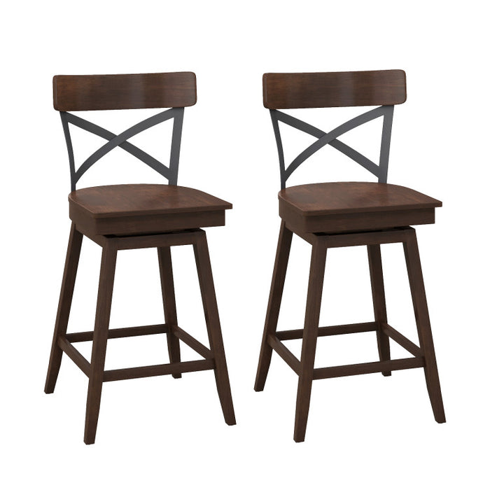 Set of 2 Wooden Swivel Bar Stools with Open X Back and Footrest