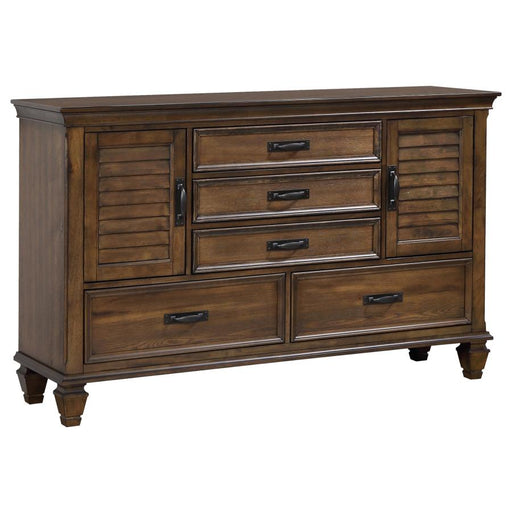 Franco 5-drawer Dresser with 2 Louvered Doors Burnished Oak