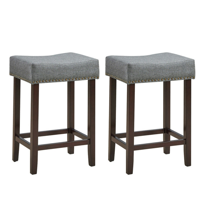 24 Inch 2 Pieces Nailhead Saddle Bar Stools with Fabric Seat and Wood Legs