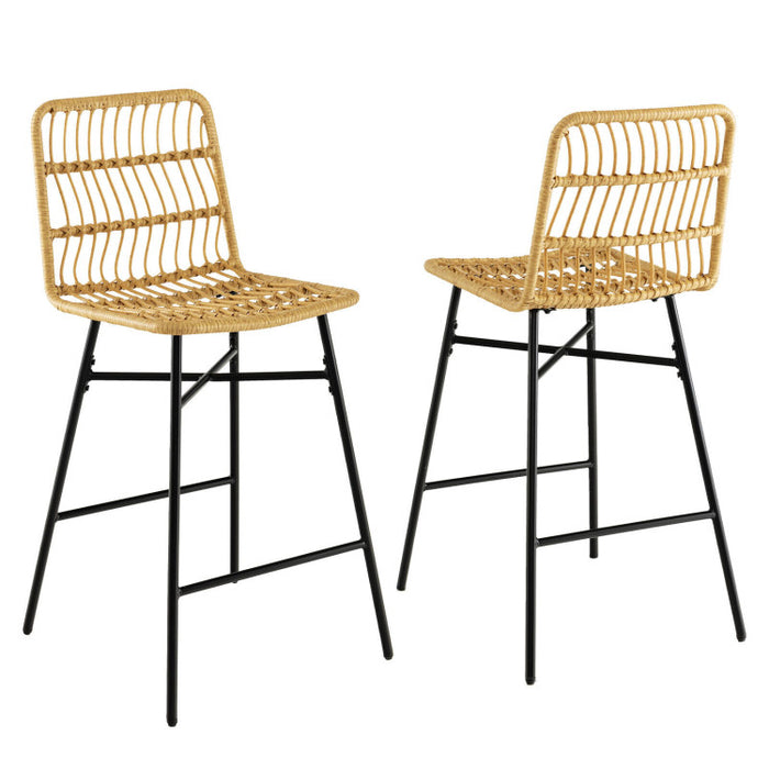 Set of 2 Rattan Bar Stools with Sturdy Metal Frame