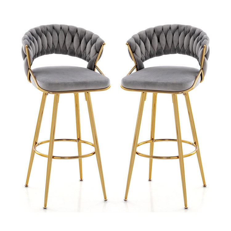 29 Inch Velvet Bar Stool Set of 2 with Woven Backrest and Gold Metal Legs