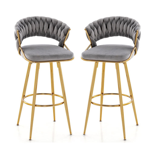 29 Inch Velvet Bar Stool Set of 2 with Woven Backrest and Gold Metal Legs