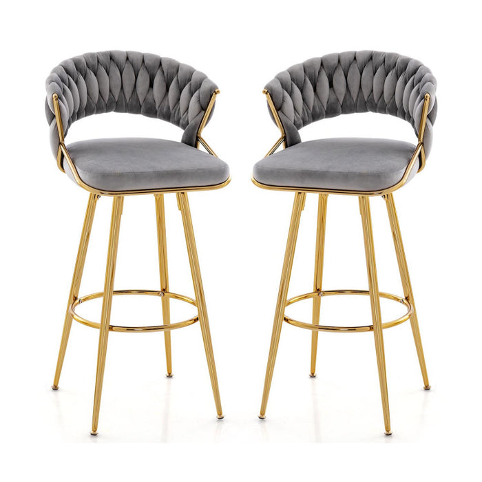 29 Inch Velvet Bar Stool Set of 2 with Woven Backrest and Gold Metal Legs