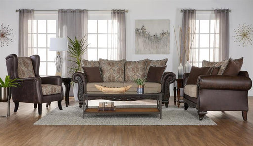 Elmbrook 3-piece Upholstered Rolled Arm Sofa Set with Intricate Wood Carvings Brown