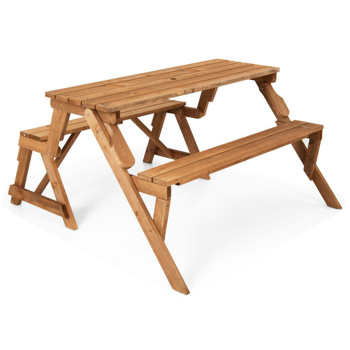 2-in-1 Transforming Interchangeable Wooden Picnic Table Bench with Umbrella Hole