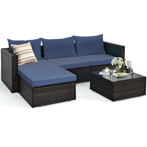 5 Pieces Patio Rattan Sectional Furniture Set with Cushions and Coffee Table