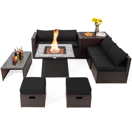 9 Pieces Patio PE Wicker Sectional Set with 50000 BTU Fire Pit Table