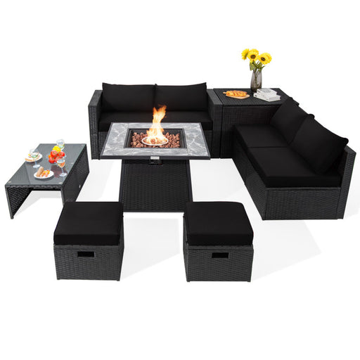 9 Pieces Outdoor Wicker Sectional with 35 Inch Gas Fire Pit Table