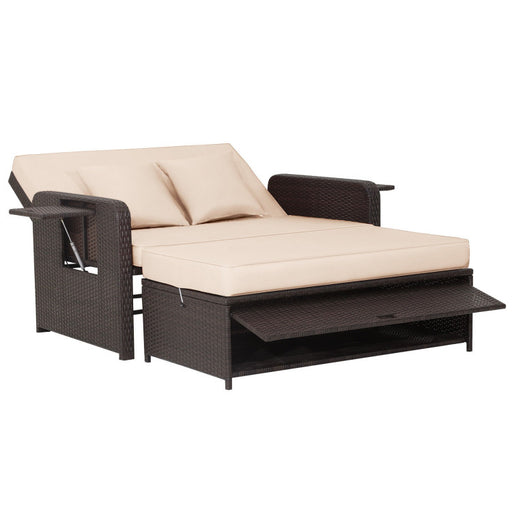 Patio Rattan Daybed with 4-Level Adjustable Backrest and Retractable Side Tray