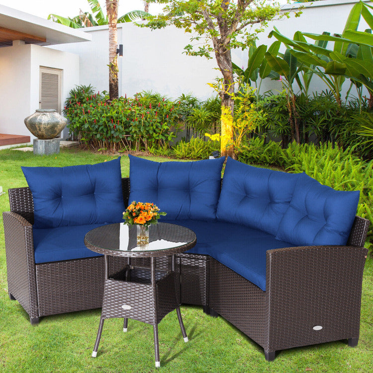 4 Pieces Patio Rattan Furniture Set Cushioned Sofa Glass Table