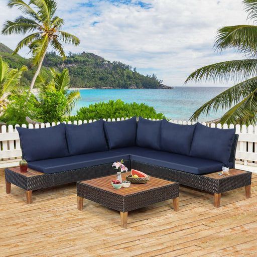 4 Pieces Patio Cushioned Rattan Furniture Set with Wooden Side Table