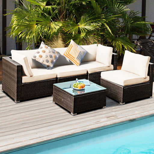 5 Pieces Cushioned Patio Rattan Furniture Set with Glass Table