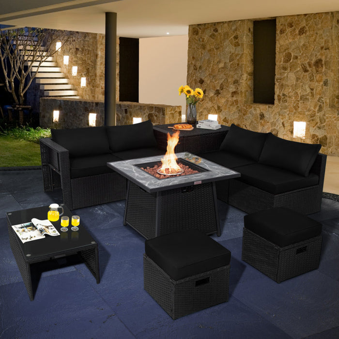 9 Pieces Outdoor Wicker Sectional with 35 Inch Gas Fire Pit Table