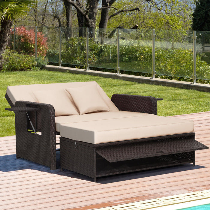 Patio Rattan Daybed with 4-Level Adjustable Backrest and Retractable Side Tray