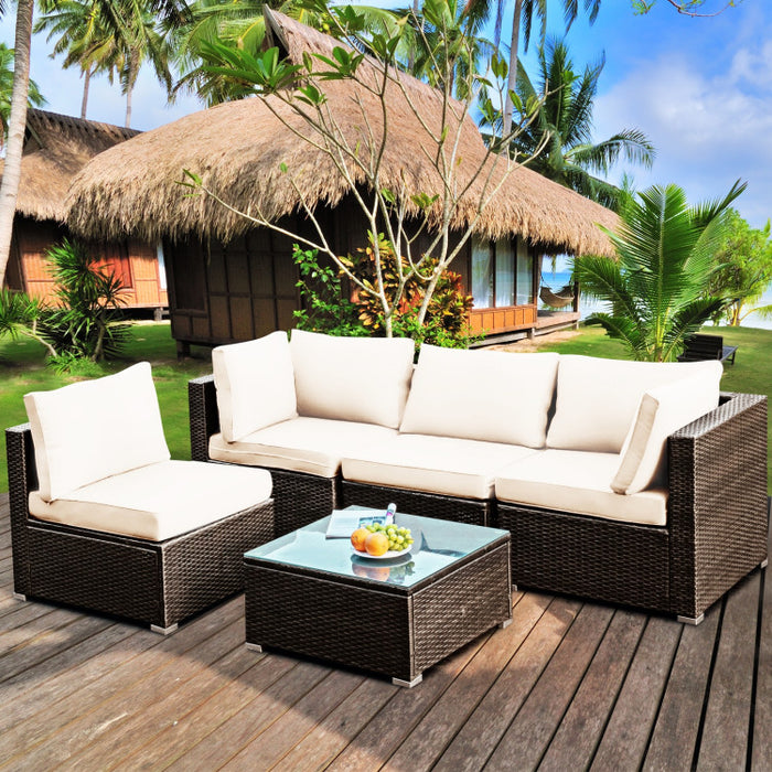 5 Pieces Cushioned Patio Rattan Furniture Set with Glass Table