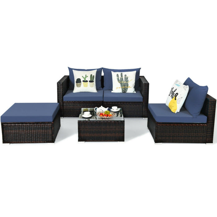 5 Pieces Patio Rattan Sectional Furniture Set with Cushions and Coffee Table