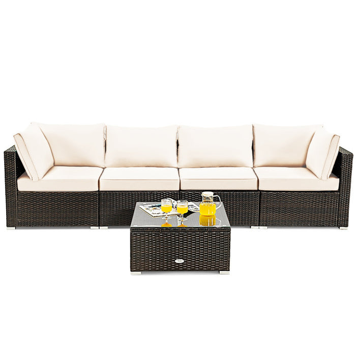 5 Pieces Cushioned Patio Rattan Furniture Set with Glass Table