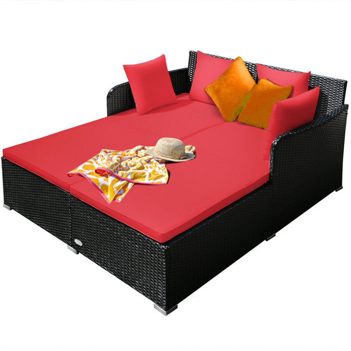 Spacious Outdoor Rattan Daybed with Upholstered Cushion