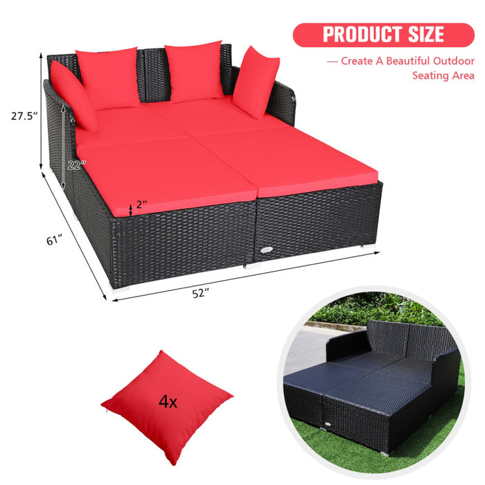 Spacious Outdoor Rattan Daybed with Upholstered Cushion