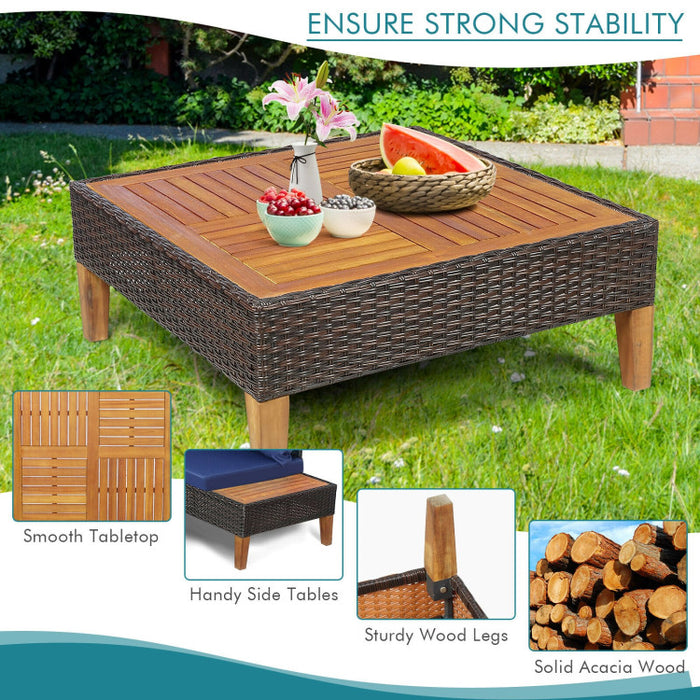 4 Pieces Patio Cushioned Rattan Furniture Set with Wooden Side Table