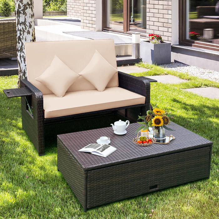 Patio Rattan Daybed with 4-Level Adjustable Backrest and Retractable Side Tray