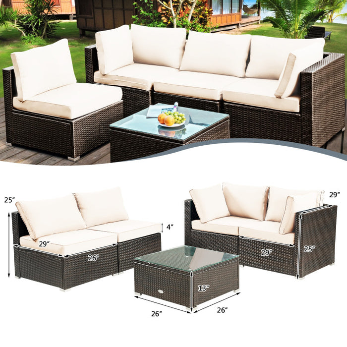 5 Pieces Cushioned Patio Rattan Furniture Set with Glass Table