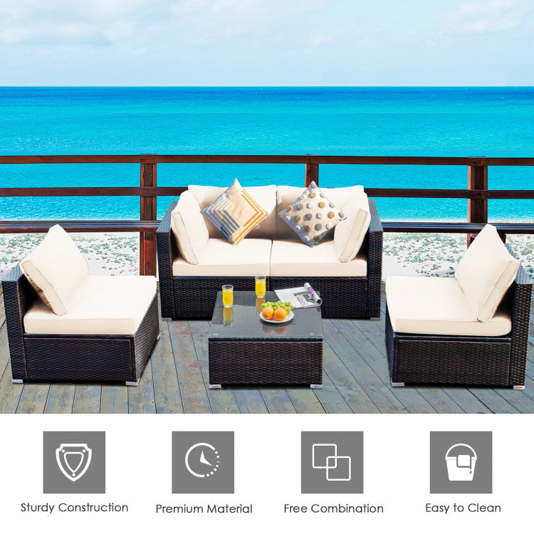 5 Pieces Cushioned Patio Rattan Furniture Set with Glass Table