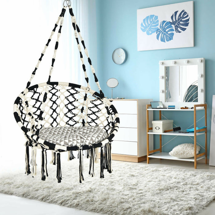 Hanging Hammock Chair with Cushion Macrame Swing Cotton Rope Indoor Outdoor