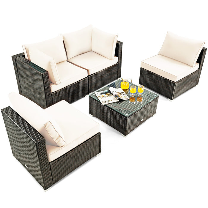 5 Pieces Cushioned Patio Rattan Furniture Set with Glass Table