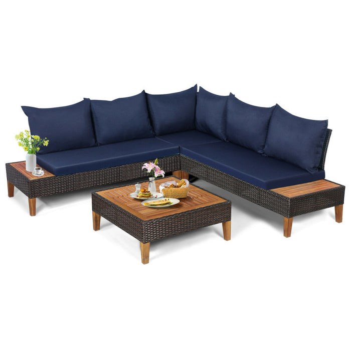 4 Pieces Patio Cushioned Rattan Furniture Set with Wooden Side Table