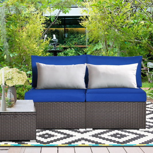 2 Pieces Patio Rattan Armless Sofa Set with 2 Cushions and 2 Pillows