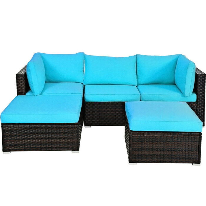 5 Pieces Patio Sectional Rattan Furniture Set with Ottoman Table