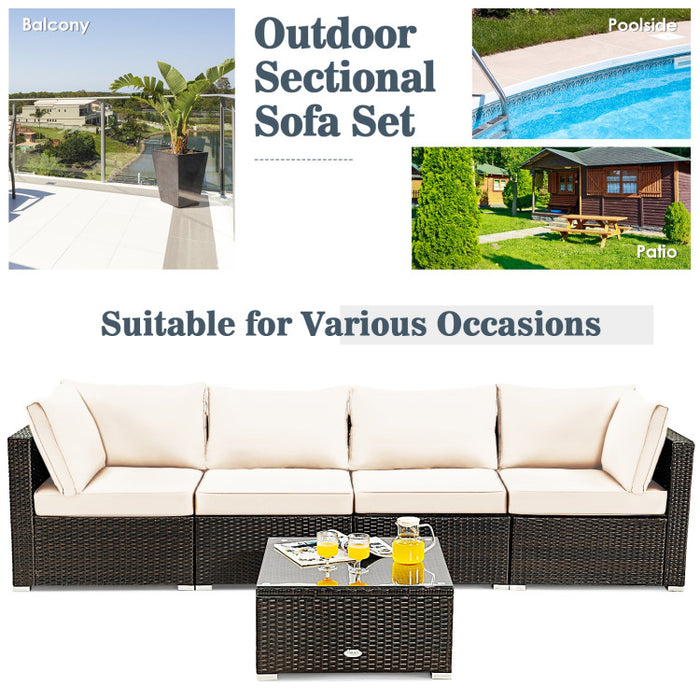 5 Pieces Cushioned Patio Rattan Furniture Set with Glass Table