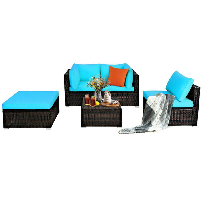 5 Pieces Patio Sectional Rattan Furniture Set with Ottoman Table