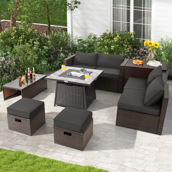 9 Pieces Patio PE Wicker Sectional Set with 50000 BTU Fire Pit Table