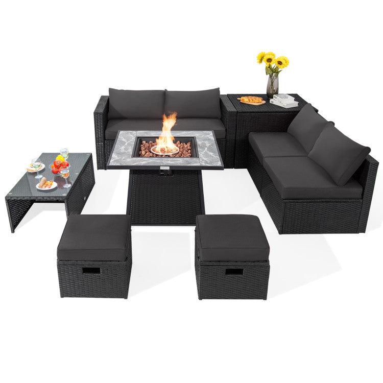 9 Pieces Outdoor Wicker Sectional with 35 Inch Gas Fire Pit Table