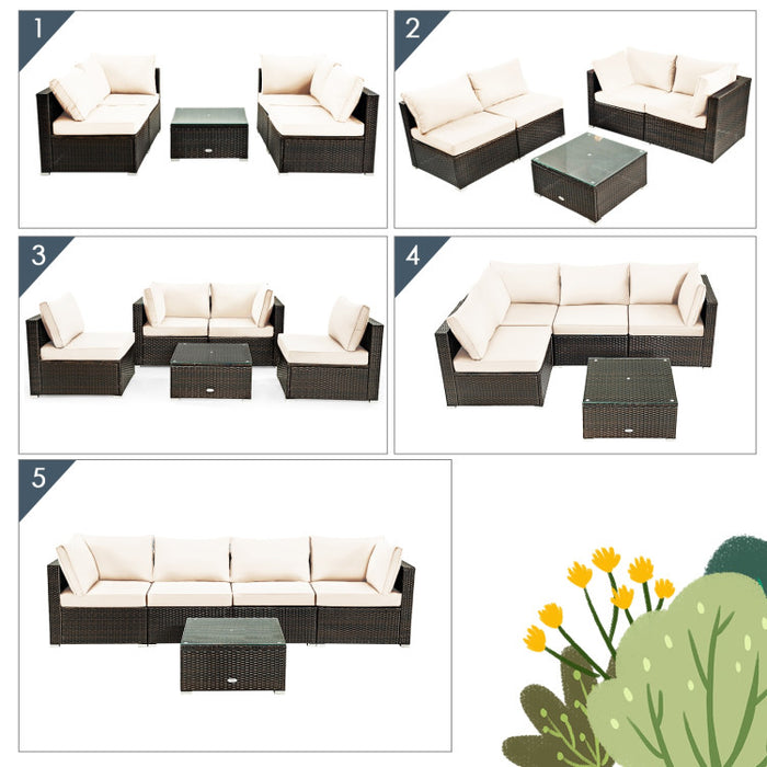 5 Pieces Cushioned Patio Rattan Furniture Set with Glass Table