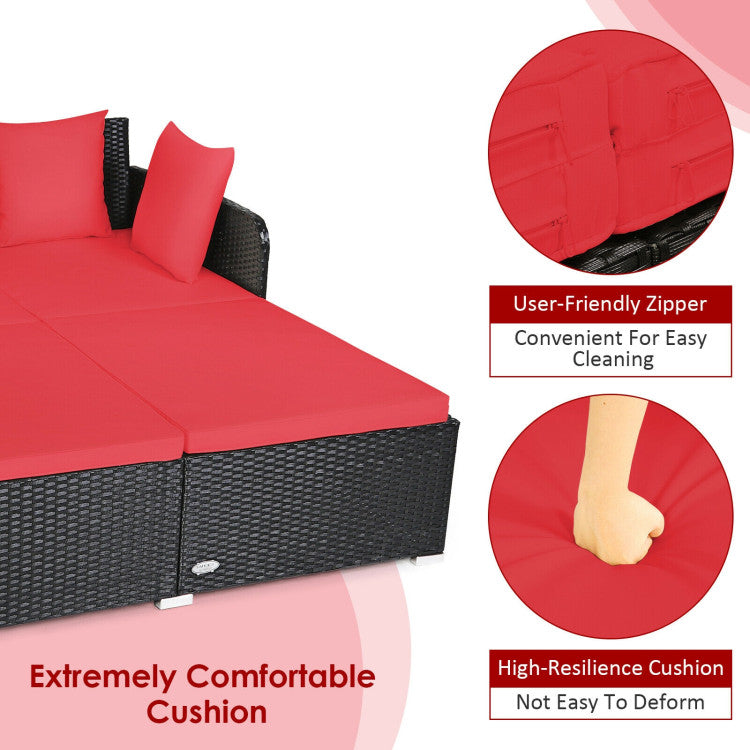 Spacious Outdoor Rattan Daybed with Upholstered Cushion