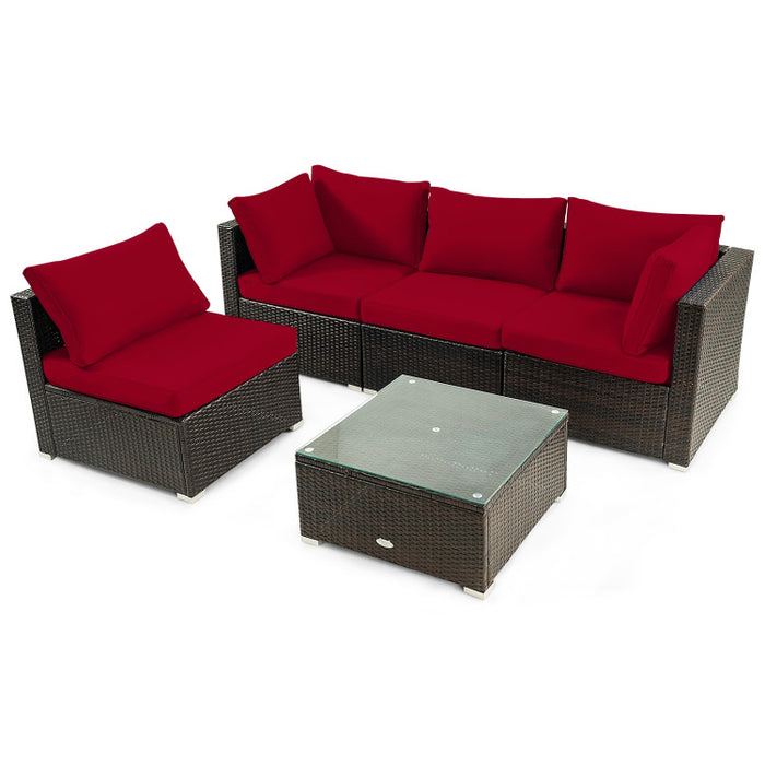 5 Pieces Cushioned Patio Rattan Furniture Set with Glass Table