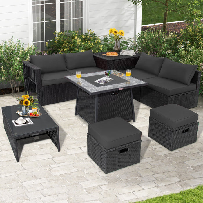 9 Pieces Outdoor Wicker Sectional with 35 Inch Gas Fire Pit Table